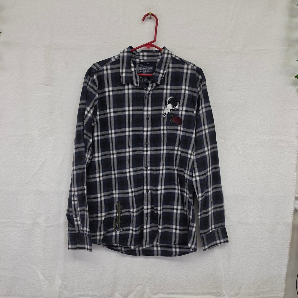 XL American Rag Mens‎ Plaid Button Down Shirt Navy Blue Embroidered Skull Cactus